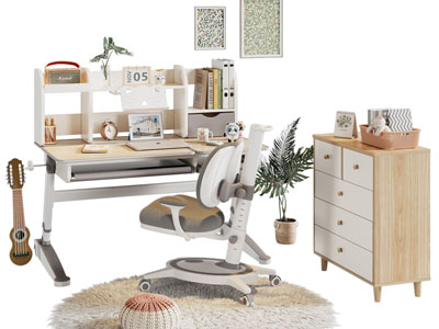 现代学生可升降书桌椅组合 边柜3d模型 现代学生可升降书桌椅组合 边柜