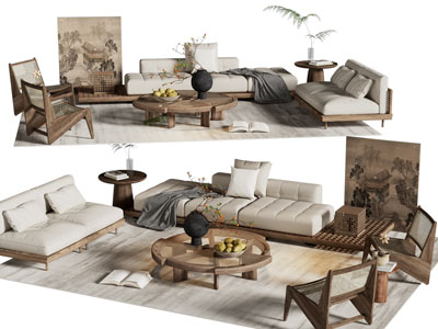 侘寂风多人沙发 休闲椅子和茶几组合