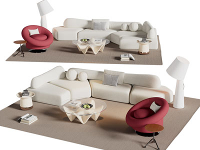 现代奶油风多人沙发 单人沙发和茶几组合