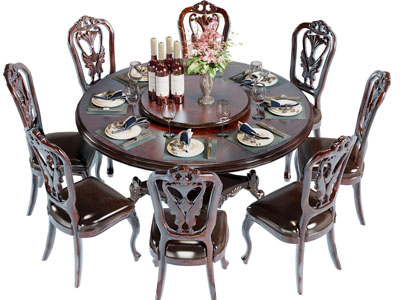 美式圆形实木餐桌椅组合3d模型 美式圆形实木餐桌椅组合