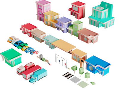 现代卡通建筑 车辆 商业场景