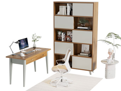 现代书柜 书桌椅组合3d模型 现代书柜 书桌椅组合