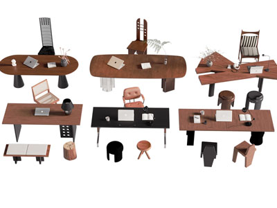 现代中古风书桌椅组合3d模型 现代中古风书桌椅组合