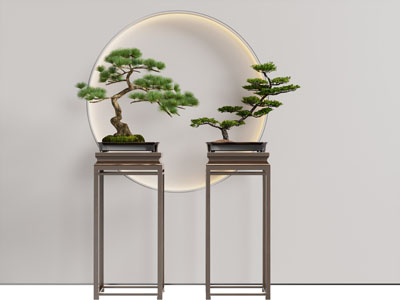 新中式花架松树盆景盆栽植物3d模型 新中式花架松树盆景盆栽植物