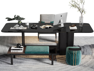 新中式书桌椅组合3d模型 新中式书桌椅组合