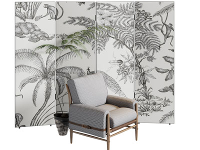 新中式休闲椅子 屏风