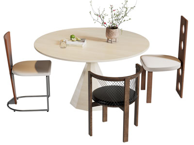 侘寂风圆形餐桌椅组合3d模型 侘寂风圆形餐桌椅组合