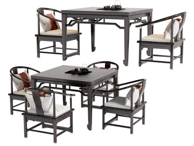 新中式方形餐桌椅组合3d模型 新中式方形餐桌椅组合