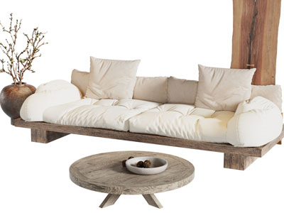 侘寂风布艺多人沙发 茶几组合