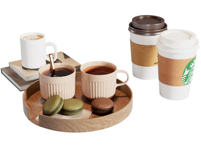 现代咖啡杯 纸杯 书本 摆件组合3d模型 现代咖啡杯 纸杯 书本 摆件组合