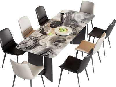 现代长方形大理石餐桌椅组合3d模型 现代长方形大理石餐桌椅组合