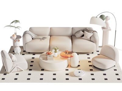现代奶油风多人沙发 单人沙发和茶几组合