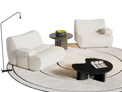 现代奶油风单人沙发 茶几