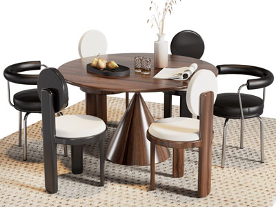 现代中古风圆形餐桌椅组合3d模型 现代中古风圆形餐桌椅组合