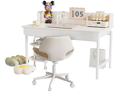 现代奶油风学生书桌椅组合3d模型 现代奶油风学生书桌椅组合