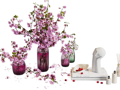 现代玻璃花瓶花卉 书本摆件组合3d模型 现代玻璃花瓶花卉 书本摆件组合