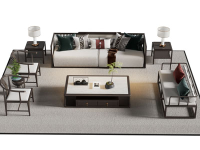 新中式双人沙发 扶手椅子和茶几组合