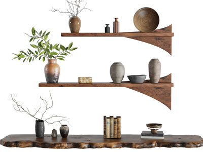 现代中古风墙面置物架 陶艺器皿 摆件组合3d模型 现代中古风墙面置物架 陶艺器皿 摆件组合