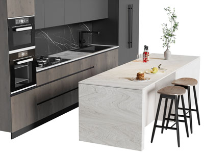 现代整体橱柜 厨房中岛台 吧凳