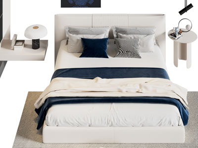 现代布艺双人床 床头几