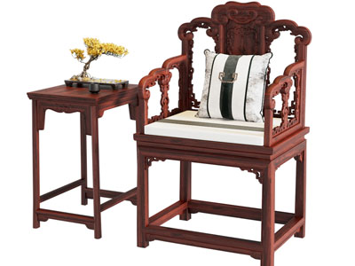 中式雕花实木扶手椅子 边几
