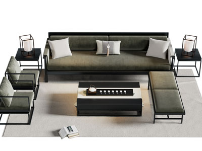 新中式多人沙发 休闲椅子 沙发凳子和茶几组合