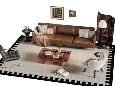 现代中古风多人沙发 休闲椅子和茶几组合