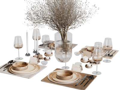 现代高脚杯 花瓶花卉 碗碟刀叉 餐具组合