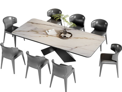 现代长方形餐桌椅组合3d模型 现代长方形餐桌椅组合