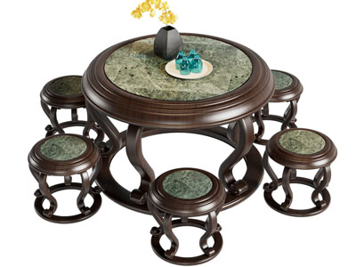 新中式圆形餐桌椅组合3d模型 新中式圆形餐桌椅组合