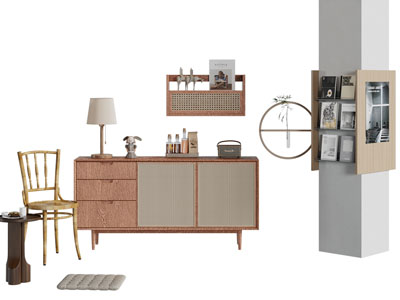 现代中古风玄关柜 边柜 休闲座椅3d模型 现代中古风玄关柜 边柜 休闲座椅