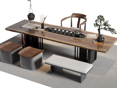 新中式实木长方形茶桌椅组合3d模型 新中式实木长方形茶桌椅组合