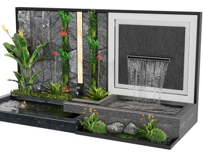 现代庭院瀑布水景 花草 植物景观园艺小品