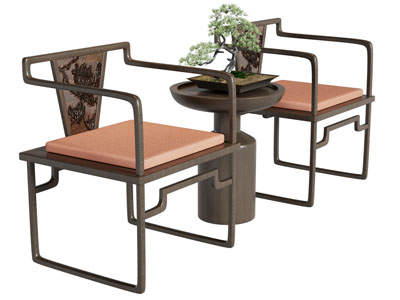 新中式扶手椅子 边几