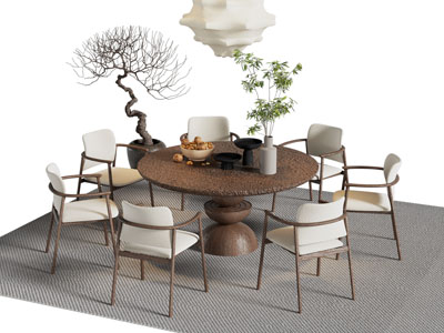 侘寂风圆形餐桌椅组合3d模型 侘寂风圆形餐桌椅组合