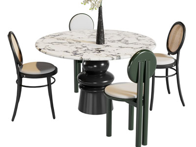 法式圆形大理石餐桌椅组合3d模型 法式圆形大理石餐桌椅组合