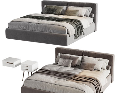 现代布艺双人床 床头柜