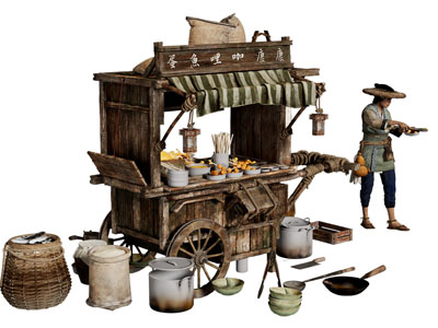 中式古代摊位 小吃摊 小吃车 食物车 卖车 手推车