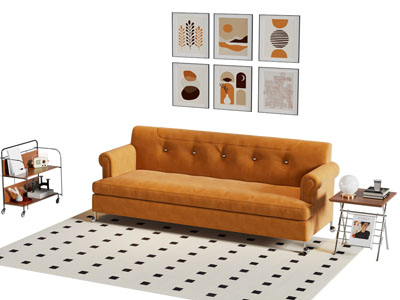 现代布艺多人沙发 挂画 边几3d模型 现代布艺多人沙发 挂画 边几