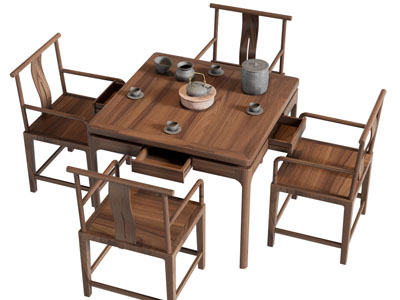 新中式中古风方形餐桌椅组合3d模型 新中式中古风方形餐桌椅组合