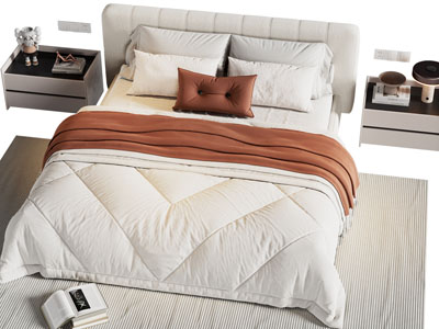 现代奶油风布艺双人床 床头柜