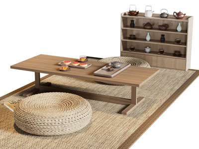 新中式茶桌 蒲团 边柜3d模型 新中式茶桌 蒲团 边柜