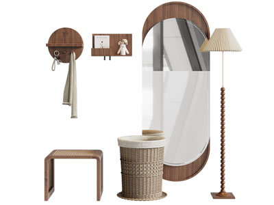 法式中古风玄关穿衣镜 换鞋凳 衣钩3d模型 法式中古风玄关穿衣镜 换鞋凳 衣钩