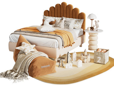 现代儿童布艺双人床 床头柜 玩具积木3d模型 现代儿童布艺双人床 床头柜 玩具积木