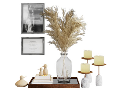 现代花瓶花卉 烛台 书本 挂画 摆件组合3d模型 现代花瓶花卉 烛台 书本 挂画 摆件组合