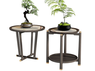 新中式圆形边几 松树盆景盆栽植物