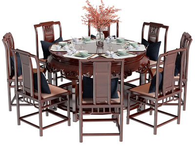 新中式实木圆形餐桌椅组合3d模型 新中式实木圆形餐桌椅组合