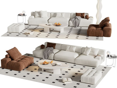 现代奶油风多人沙发 懒人沙发和茶几组合