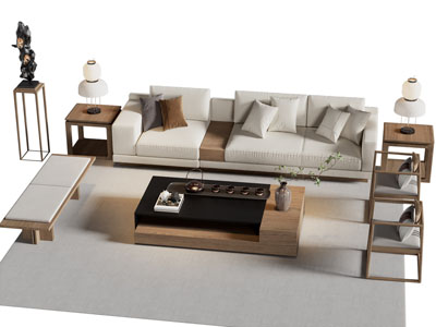 新中式多人沙发 扶手椅子和茶几组合