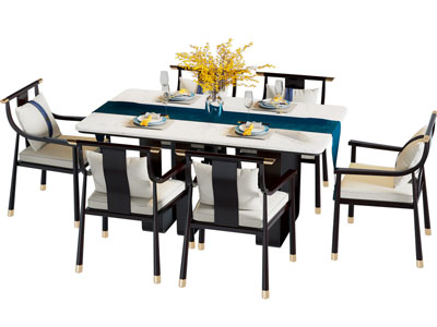 新中式长方形餐桌椅组合3d模型 新中式长方形餐桌椅组合